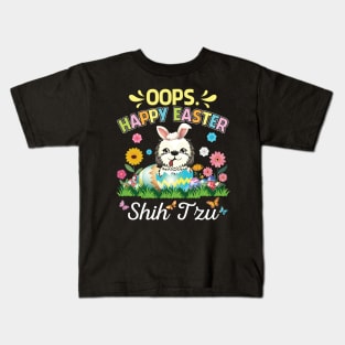 Shih Tzu Dog Bunny Costume Playing Flower Eggs Happy Easter Kids T-Shirt